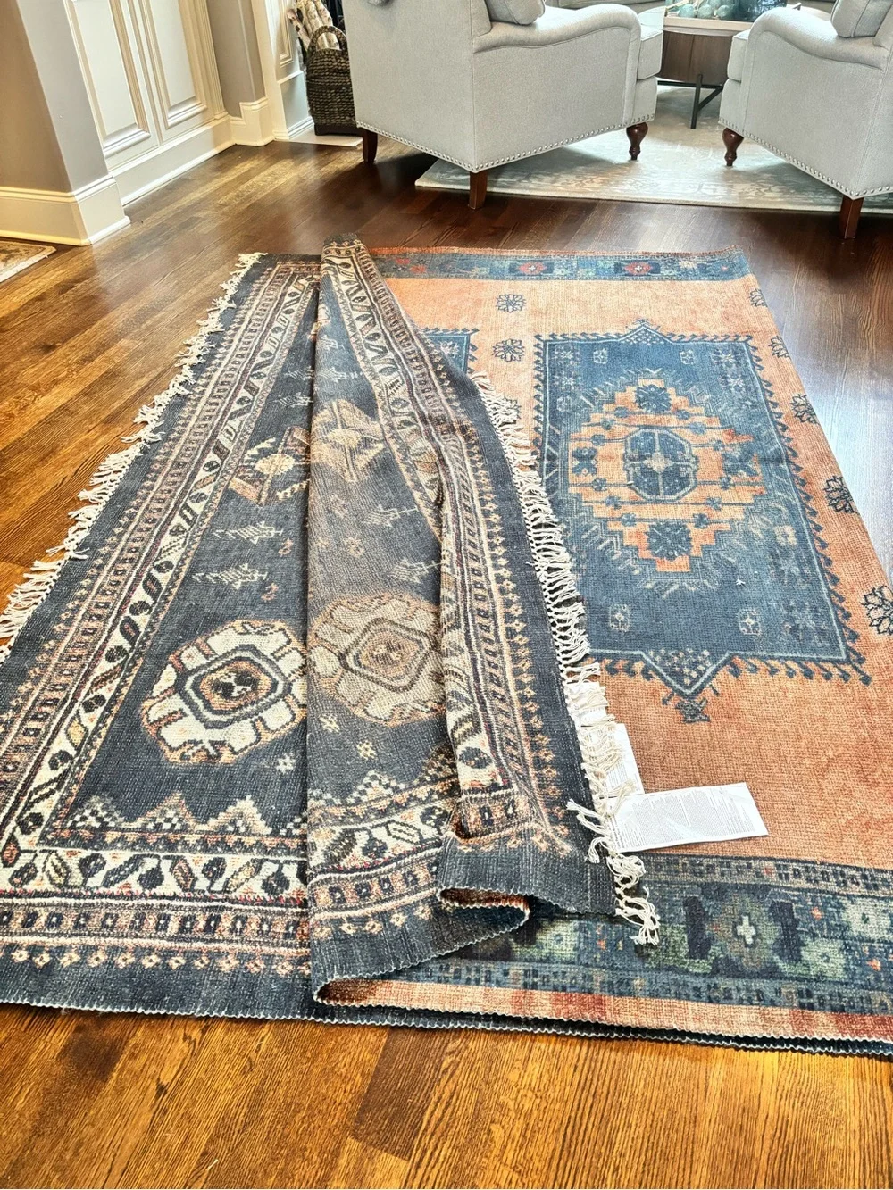 Rustic Blue & Terracotta Medallion Area Rug - Unbranded